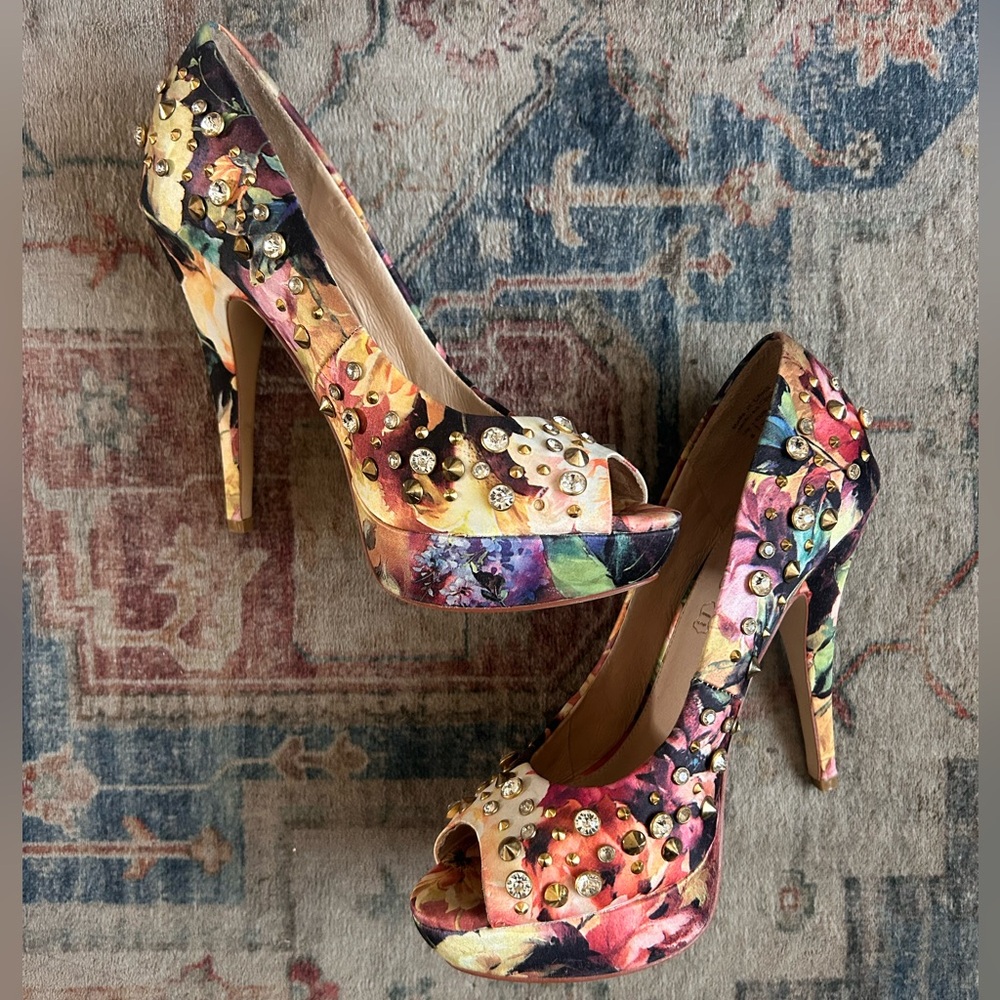 Aldo Gemstone Heels Studded Floral Gems High Chunky Maximalist Wedding Colorful
